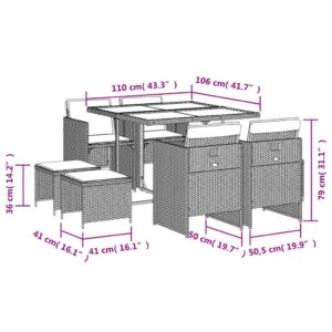 9-dielna záhradná jedálenská sada s vankúšmi čierna polyratan - Image 6